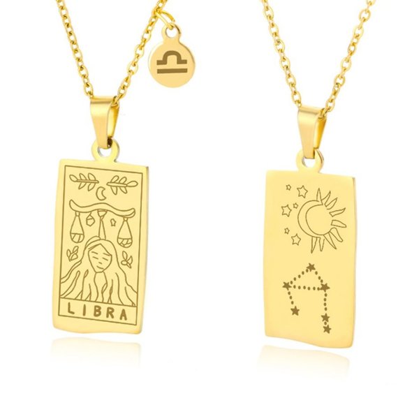 Libra Zodiac Pendant Necklace 18K Gold‎ Plated Stainless Steel Astrology - Picture 1 of 8